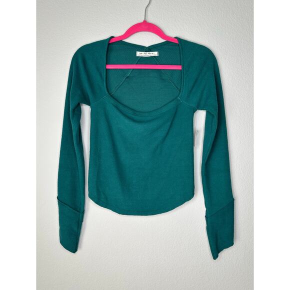FREE PEOPLE Square Neckline Cross Back Cropped Thermal Sweater Top Green Size XS - Picture 1 of 7